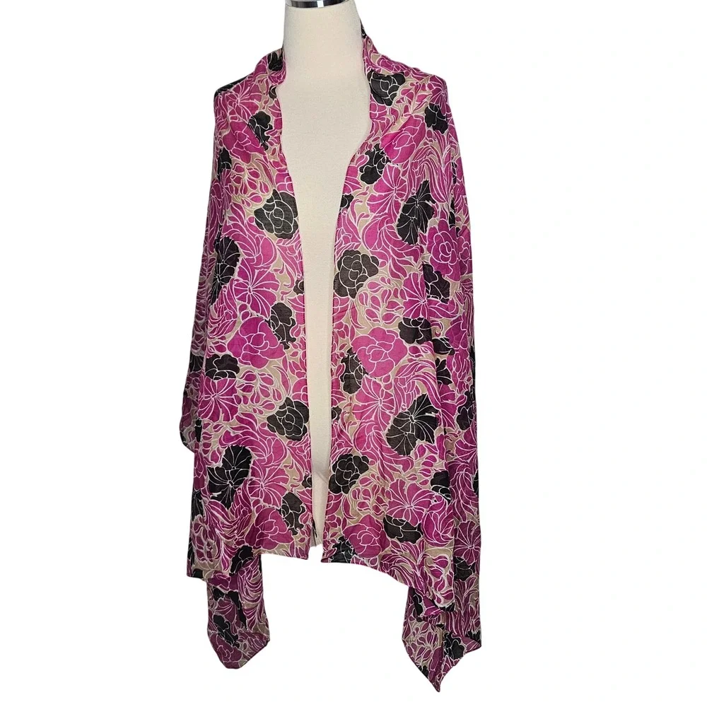 Talbots Pink Black Floral Cotton Silk Scarf Wrap Lightweight Oblong Preppy
